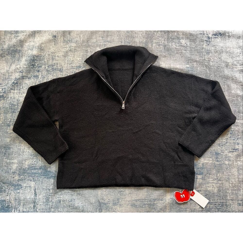 NWT! Cider Black Ribbed Knit Zip Mock Neck Cropped Sweater Large